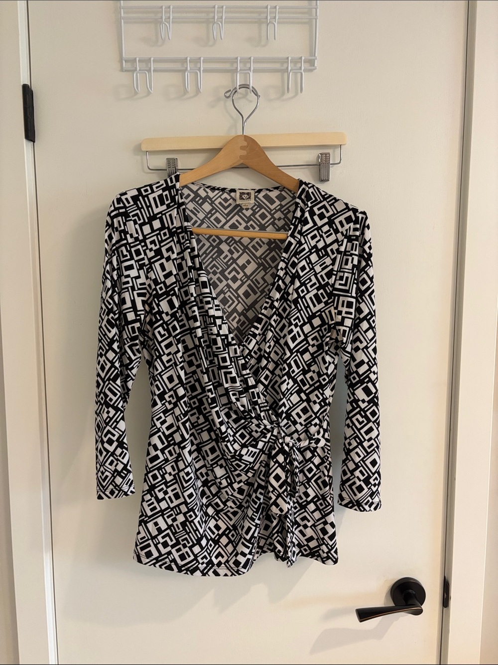 Anne Klein Black and White Geometric Wrap Blouse
